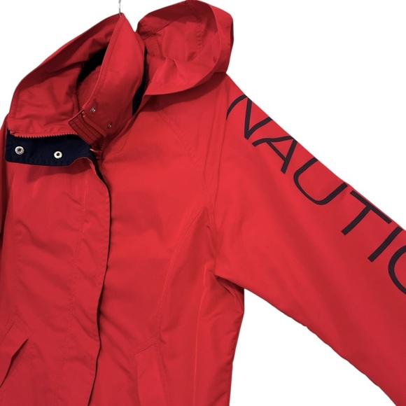 Nautica J Class Red‎ Hooded Windbreaker Jacket Women’s L Logo Sleeve 2010s Y2K - Picture 6 of 15